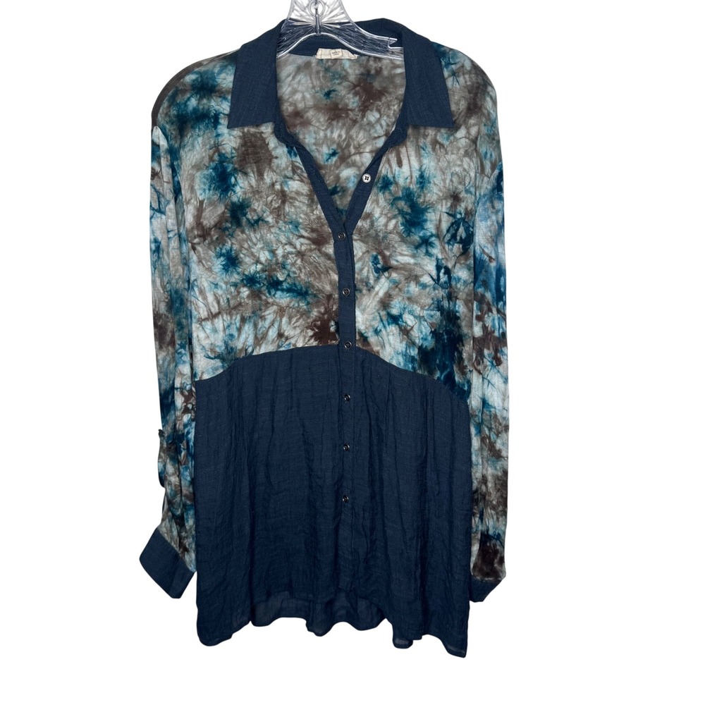 Entro Tie Dye Tunic Shirt Top Blue Brown Button‎ Down Long Sleeve Women's Large